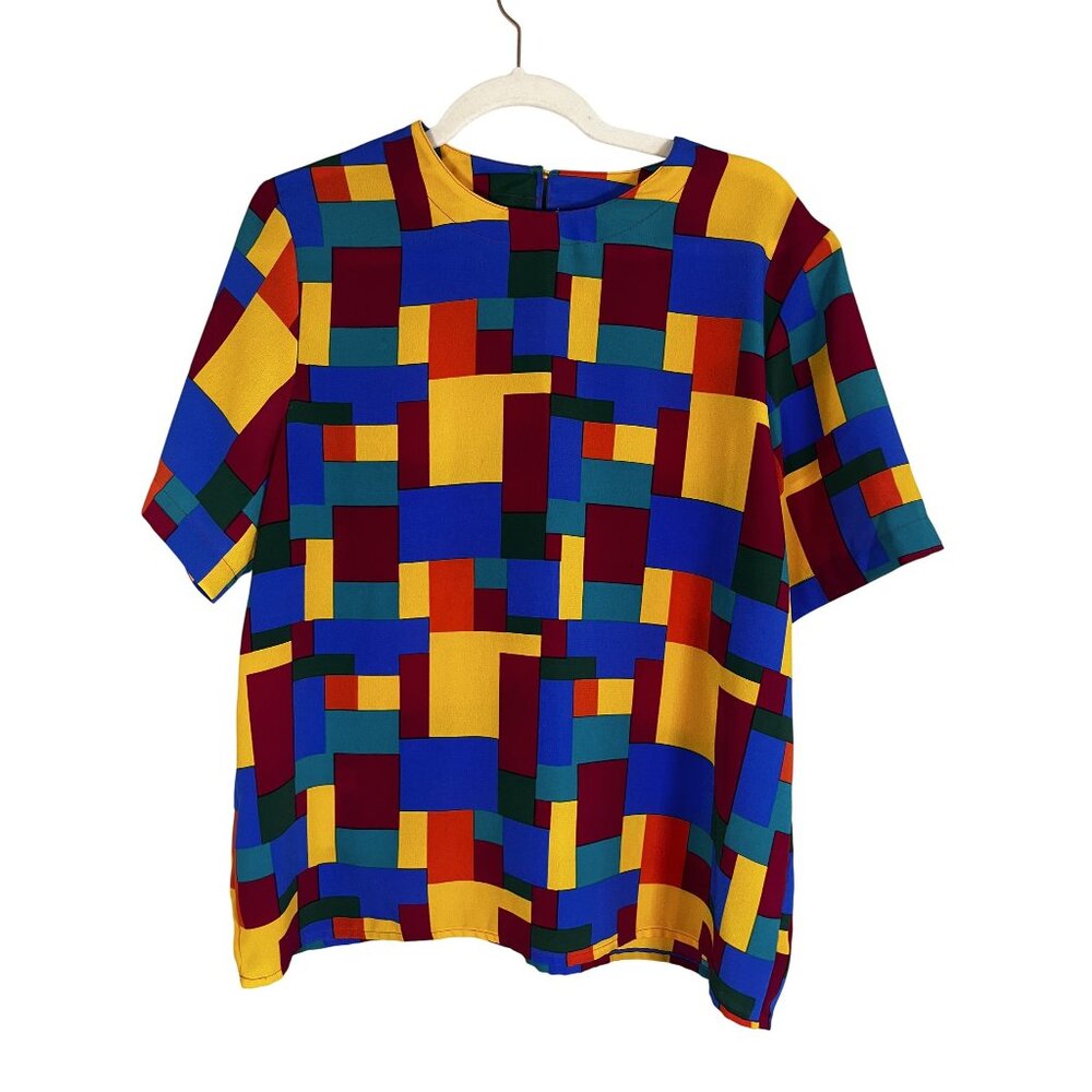 Retro Patchwork Top Red M Funky Disco Striped Geometric Colorful Preppy Vintage